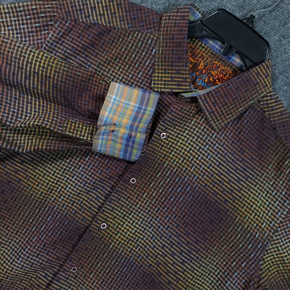 Robert Graham Shirt Mens‎ XL Brown Plaid Cotton Embroidered Long Sleeve